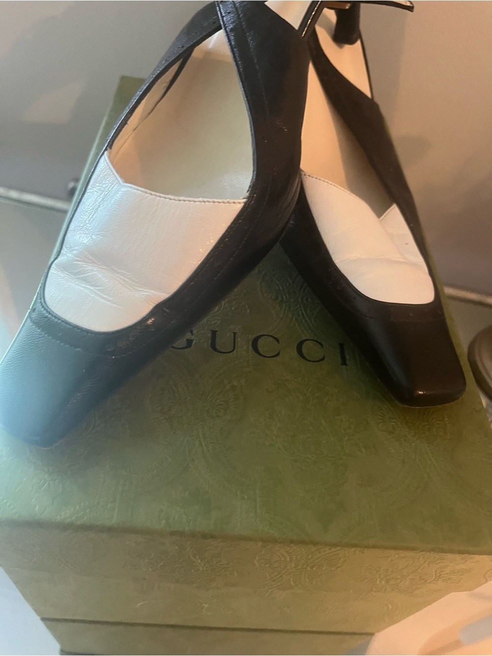 VINTAGE GUCCI Black and White Leather Mary Jane Style Sling Back Heels
